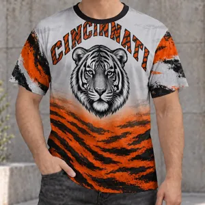 A forward-facing tiger head arched Cincinnati lettering and bold orange-and-charcoal tiger stripes. All-over Print Unisex T-shirt