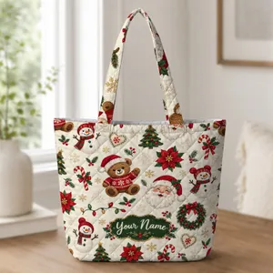 Teddy Bear Santa Snowman Christmas Motifs for Cozy Holiday Gifting and Winter Style Quilted Tote Bag