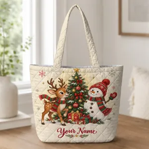 Reindeer, Snowman & Christmas Tree Holiday Cheer for Festive Winter Celebrations Quilted Tote Bag