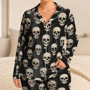 Ivory Skull Motifs for Moody Halloween Evenings and Cozy At-Home Lounging for Adults Satin Pajamas Set