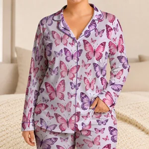 Lavender And Magenta Butterflies For Cozy Evenings And Relaxed Weekend Lounging Satin Pajamas Set