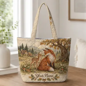 Woodland Fox and Fawn Forest Scene for Cottagecore Fall Nature Lovers Quilted Tote Bag