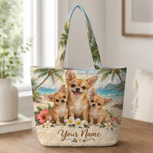 Three Chihuahua Puppies on a Tropical Beach for Sunny Getaways and Pet Moms Quilted Tote Bag