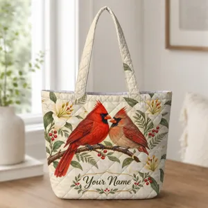 Scarlet Cardinals And White Lilies For A Cozy Nature-Lover Gift For Birdwatching Women Quilted Tote Bag