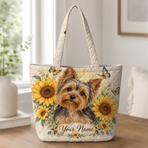 Yorkshire Terrier with Sunflowers and Butterflies for Garden Days and Dog Lovers Quilted Tote Bag