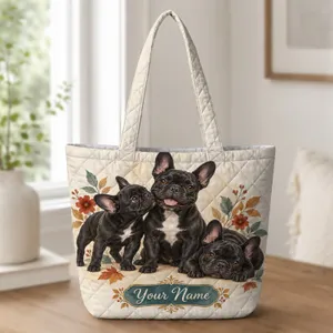 French Bulldog Trio for Cozy Autumn Outings and Thoughtful Gifts for Dog Lovers Quilted Tote Bag