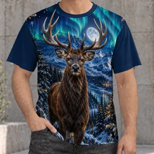 Majestic Stag Beneath Northern Lights for Winter Getaways and Nature Lovers Everywhere All-over Print Unisex T-shirt