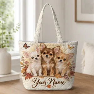 Three Chihuahua Puppies with Autumn Leaves for Cozy Fall Dog Mom Gifting Quilted Tote Bag