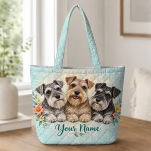 Three Schnauzers and Colorful Blooms for Everyday Dog Mom Style and Pet Lover Gifting Quilted Tote Bag