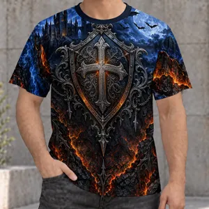 Gothic Cross Shield and Moonlit Castle for Dark Fantasy Nights and Casual Wear All-over Print Unisex T-shirt
