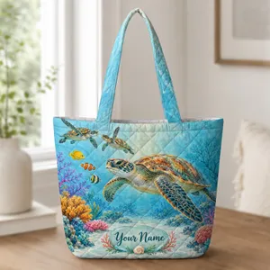Sea Turtle Coral Reef Art for Coastal Beach Days and Ocean Loving Friends Quilted Tote Bag