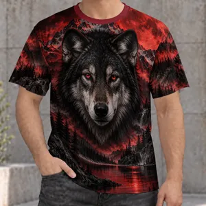 Crimson Moon Wolf and Mountain Nightscape for Wilderness Lovers and Cozy Evenings All-over Print Unisex T-shirt