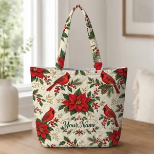 Red Cardinal And Poinsettia Christmas Holiday Keepsake For Winter Bird Lovers Quilted Tote Bag