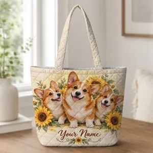 Three Corgis Among Golden Sunflowers for Cozy Autumn Garden Days and Gifts for Dog Lovers Quilted Tote Bag