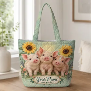 Three Piglets With Sunflowers For Country Living And Farmhouse Gift Giving For Women Quilted Tote Bag