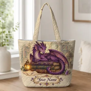 Regal Purple Dragon With Enchanted Books for Fantasy Reading and Dragon Lover Gifts Quilted Tote Bag