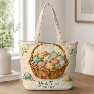 Vintage Easter Egg Basket Scene for Springtime Hunts, Brunches and Family Celebrations Quilted Tote Bag
