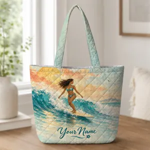 Female Surfer Riding Teal Ocean Waves for Sunny Beach Getaways and Coastal Style Lovers Quilted Tote Bag