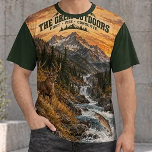 Mountain River Elk and Trout Wilderness Scene for Fishing and Hunting Adventures All-over Print Unisex T-shirt