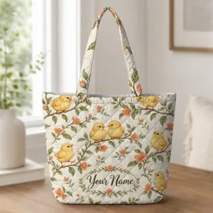 Spring Chicks Among Floral Branches for Easter Celebrations and Seasonal Gifting Quilted Tote Bag