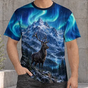 Northern Lights Stag And Snowy Mountains For Cozy Winter Nights All-over Print Unisex T-shirt