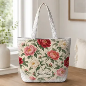 Vintage Peony Flowers for Cottage Garden Markets and Everyday Carryall Style Quilted Tote Bag