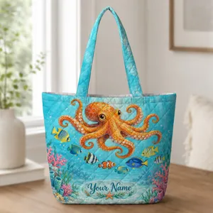Octopus and Tropical Fish Coastal Escape for Ocean-Loving Women on Summer Getaways Quilted Tote Bag
