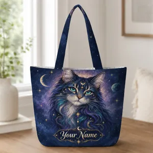 Mystic Galaxy Cat with Celestial Stars for Cat Lovers and Whimsical Night Sky Dreamers Quilted Tote Bag
