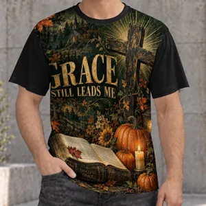 Autumn Grace Cross, Open Bible and Pumpkin for Fall Faith and Cozy Home Devotion All-over Print Unisex T-shirt