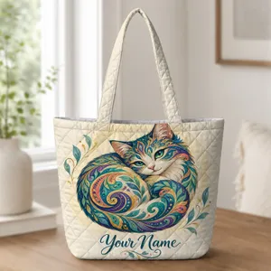 Colorful Swirling Cat for Everyday Pet Lover Style and Cat Mom Birthday Gifts Quilted Tote Bag