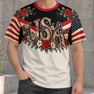 Patriotic USA Floral Lettering for Independence Day Gatherings and Summer Celebrations All-over Print Unisex T-shirt