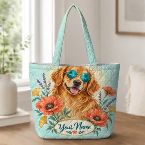 Golden Retriever with Poppies for Summer Garden Days and Gifts for Dog Lovers Quilted Tote Bag