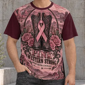 Pink Western Cowboy Boots With Cancer Support Ribbon for Rodeo Nights and Everyday Courage All-over Print Unisex T-shirt