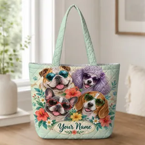 Sunglasses-Wearing Dog Quartet With Colorful Blooms For Pet Lover Birthday Gifting Quilted Tote Bag