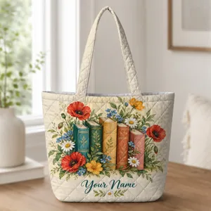 Colorful Botanical Books for Reading Days and Library Visits for Book Lovers Quilted Tote Bag