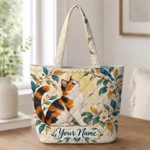 Calico Cat and Bluebird in a Botanical Garden for Cozy Nature Lovers and Cat Fans Quilted Tote Bag