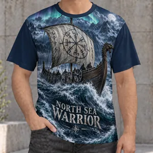 Viking Longship in Stormy Arctic Seas for Norse Mythology Fans All-over Print Unisex T-shirt