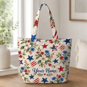 Patriotic Wildflowers and Stars for Fourth of July Celebrations and Summer Style Quilted Tote Bag