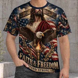 Eagle, Cross And Christ Figure For Faithful Patriotic Living, Devotion And Hope All-over Print Unisex T-shirt