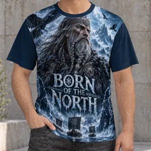 Bearded Norse Warrior and Frozen Longships for Winter Adventure Enthusiasts All-over Print Unisex T-shirt