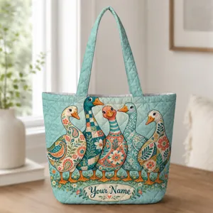 Colorful Patchwork Goose Family for Farmhouse Living and Animal Lover Gift Giving Quilted Tote Bag