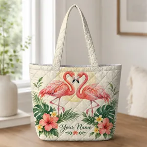 Coral Flamingos and Tropical Flowers for Summer Holidays and Beach Days Quilted Tote Bag