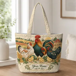 Colorful Rooster and Hen Farmyard Scene for Rustic Country Living and Chicken Lovers Quilted Tote Bag