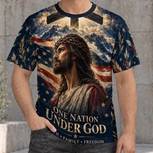 Jesus Cross and Flag Faith Scene for Patriotic Worship and Everyday Devotion All-over Print Unisex T-shirt