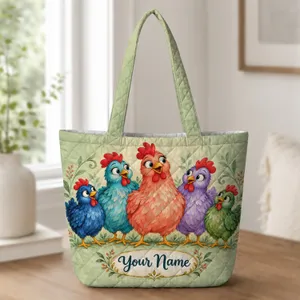 Funny Colorful Chicken Flock for Farmhouse Living and Chicken Lovers Country Style Quilted Tote Bag