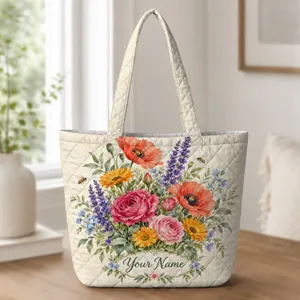 Wildflower Garden Bouquet for Spring Outings and Everyday Style for Her Quilted Tote Bag