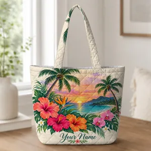 Tropical Sunset Palms And Hibiscus For Island Beach Getaways And Summer Travel Lovers Quilted Tote Bag