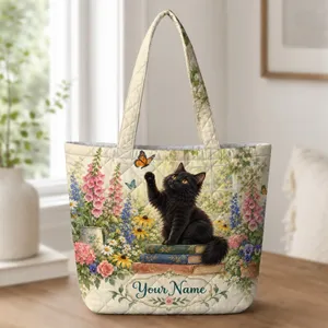 Black Cat and Butterfly Garden Scene for Halloween and Book Lovers Who Adore Nature Quilted Tote Bag