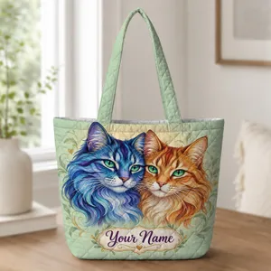 Colorful Twin Cat Portrait for Pet Lovers, Cat Moms, and Birthday Gift Celebrations Quilted Tote Bag