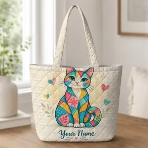 Colorful Mosaic Cat With Floral Accents for Everyday Style and Gifts for Cat Lovers Quilted Tote Bag